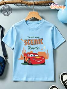 Officially Licensed Disney Cars Kids T-Shirt, 100% Cotton Lightning McQueen "Take The Scenic Route" Desert Graphic Tee, Unisex For Boys & Girls Ages 4-14, Soft Breathable Fade-Resistant Fabric, Ideal For Theme Park, School & Daily Casual Wear, Perfect For Vacation, Birthdays & Children's Day Gifts - màu xanh nhạt - Xem 2