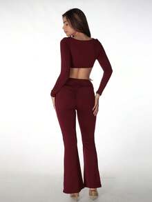 Conjunto de 2 piezas de top corto con cuello redondo y pantalones para mujer, elegante para primavera - Burdeos - Ver 7
