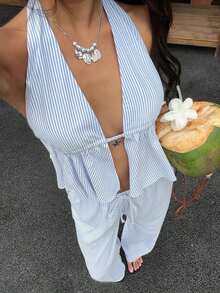 2 piezas Conjunto casual de vacaciones para mujer con top halter sin espalda y pantalones en color caqui tejido - Azul y blanco - Ver 4