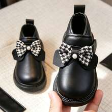1 Pair Toddler Girls' Houndstooth Bow & Pearl Decor Black Ankle Boots, Non-Thermal Lining Suitable For Autumn/Winter, Soft Sole Comfortable Hook And Loop Easy On/Off, Suitable For Baby Birthday, Party, Daily Outings - Black - View 1
