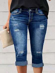Plus Size Women's Cuffed Distressed Denim Jeans, Suitable For Work And Casual Occasions Summer - 藍色 - 查看 1