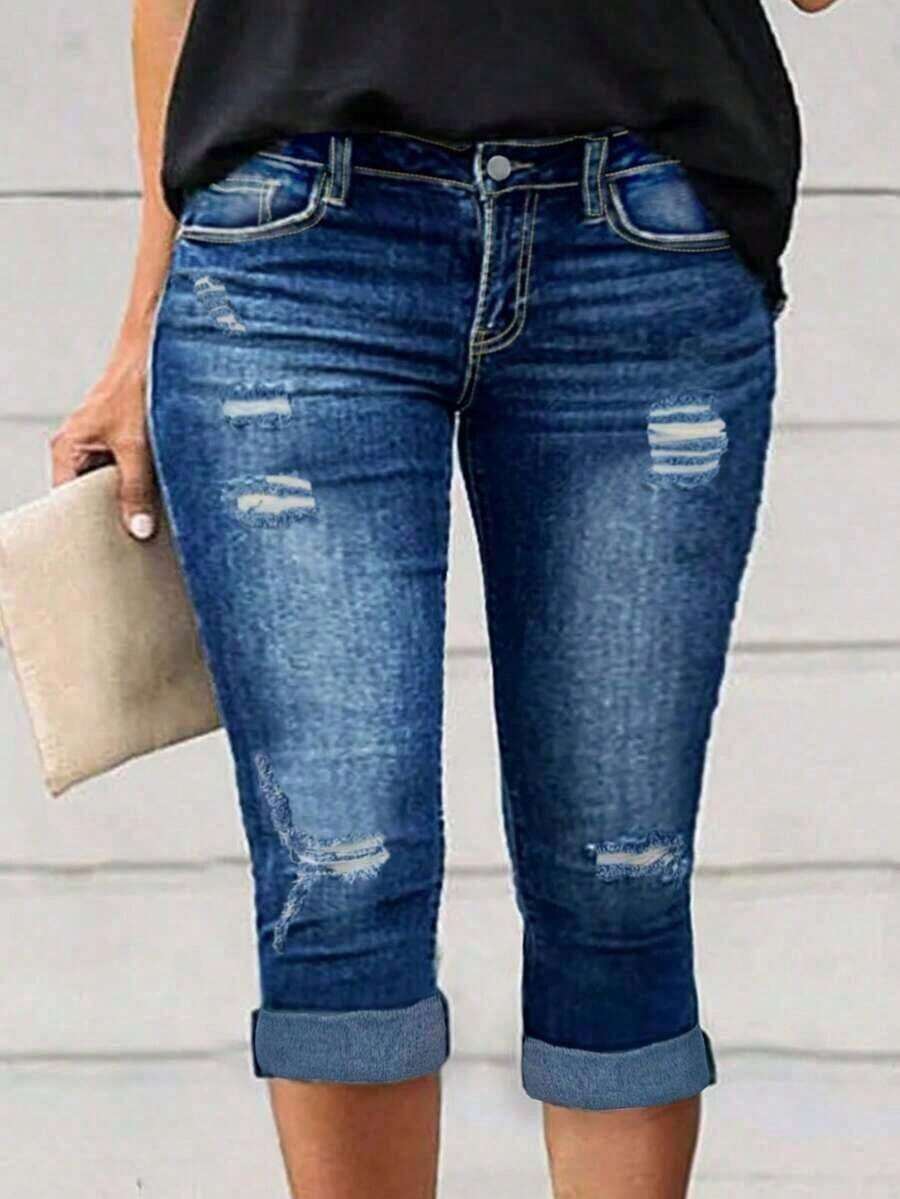 Plus Size Women's Cuffed Distressed Denim Jeans, Suitable For Work And Casual Occasions Summer - 藍色 - 查看 1