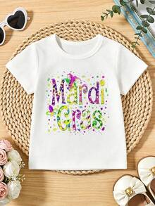 Camiseta informal de manga corta y cuello redondo Para niña suave con estampado de Mardi Gras, ideal para primavera y verano.White - Blanco - Ver 3