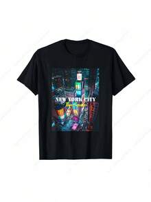 Camiseta de la Silueta de Times Square en Nueva York - Estampado de las Torres de TV y Vallas Publicitarias Icónicas de NYC, Corte Holgado y Casual para Uso Diario, Cómoda para Todas las Estaciones, Ideal para Viajes, Souvenirs o Ropa Casual - Negro - Ver 1