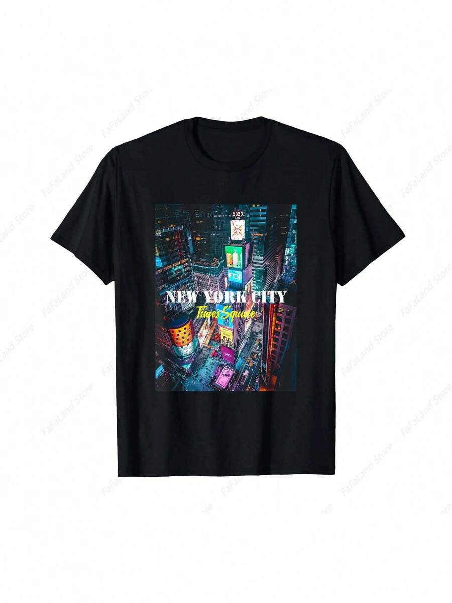 Camiseta de la Silueta de Times Square en Nueva York - Estampado de las Torres de TV y Vallas Publicitarias Icónicas de NYC, Corte Holgado y Casual para Uso Diario, Cómoda para Todas las Estaciones, Ideal para Viajes, Souvenirs o Ropa Casual - Negro - Ver 1