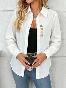 Women's Spring/Summer Heart Embroidery Front Button White Shirt - White - View 2