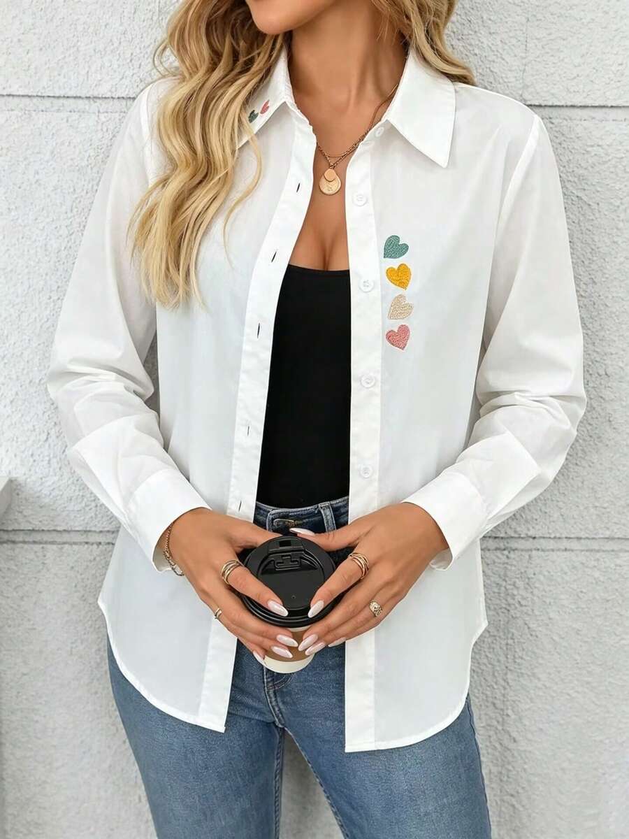 Women's Spring/Summer Heart Embroidery Front Button White Shirt - White - View 1
