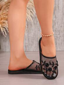 Women's Classic Retro Handmade Beaded & Floral Decoration Flat Sandals, Breathable Mesh, Lightweight & Soft Indoor Slippers, Bohemian Style Fashion Sandals - 黑色 - 查看 5