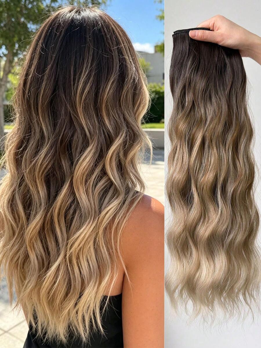 16pcs Ombre Clip-In Hair Extensions, 24 Inches Long, Water Wave Texture, Suitable For Girls And Women, Full Head Synthetic Hair Extensions - Multicolor - View 1