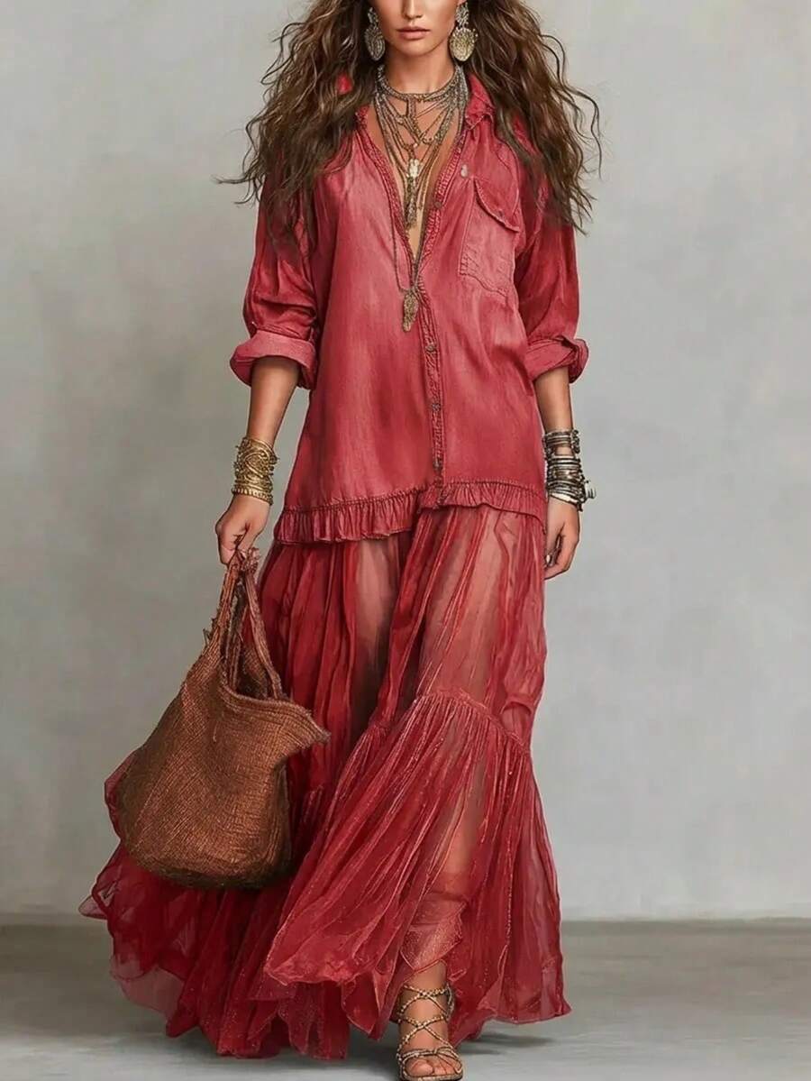 2026 falda vaquero de imitación de solapa retro femenina vestido de bolsillo casual - Rojo - Ver 1