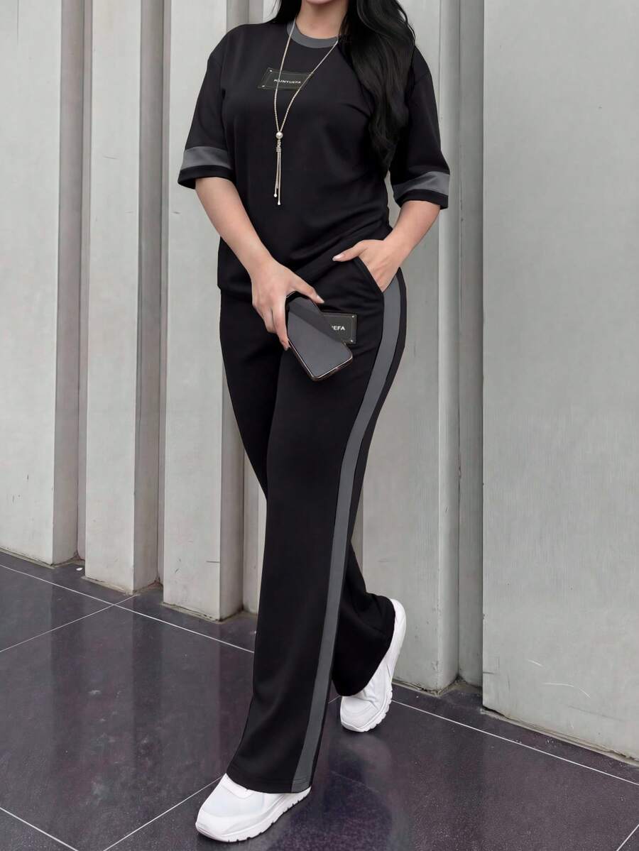 Spring Summer Autumn Plus Size Women's New Round Neck Short Sleeve T-Shirt & Casual Elastic Waist Loose Long Pants 2 Pieces Set. Elegant - Black+Gray - View 1