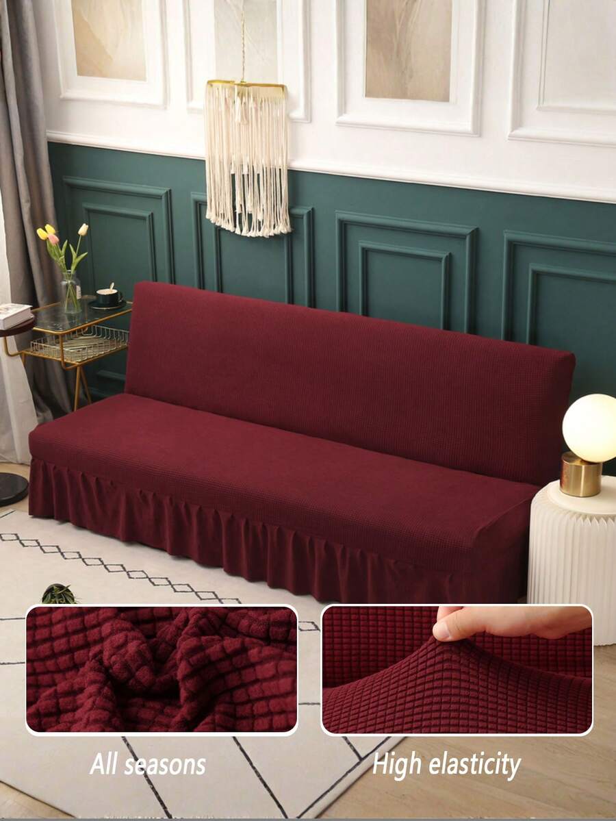 Solid Color Skirted Sofa Bed Cover, Polyester Fiber Elastic Full Coverage Sofa Slipcover, Suitable For Armless Sofas, Simple And Fashionable, Suitable For All Seasons - Burgundy - View 1