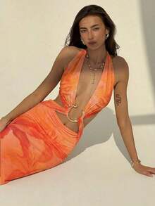 xheAloruh Vestido de mujer con diseño halter escotado en la espalda y decoración metálicaxhe - Naranja - Ver 9