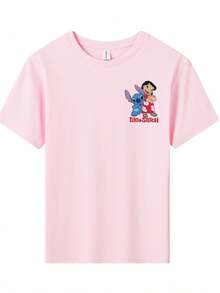 Disney Lilo And Stitch Characters Double-Sided Printed Pattern T-Shirts For Girls - Children's Clothing Design Short-Sleeved Casual And Cute Style Comfortable And Casual Wear All Year Round Suitable For Parties And Play Machine Washable Gift Children's Clothing Girls' Short-Sleeved Shirts - 粉色 - 查看 2