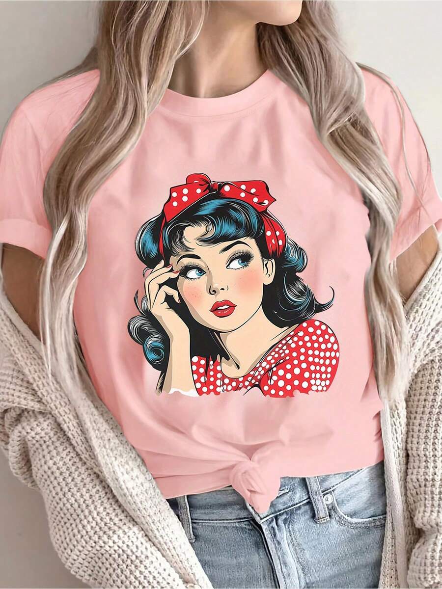 Women's Summer T-Shirt With Vintage Polka Dot Print And Lip Design - Features A Red And White Polka Dot Design, Soft And Perfect For Casual Party Outfits, Essential For Valentine's Day And Cosplay Events - Machine Washable Top, Stylish Women's Shirt - 粉色 - 查看 1