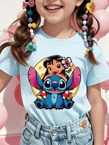 Girls' Disney *Lilo & Stitch* Printed T-Shirt - A Charming Short-Sleeve Top Featuring Cute Cartoon Graphics. This Adorable And Stylish Casual Tee Is Soft, Breathable, And Comfortable-Making It The Perfect Choice For Theme Park Visits And Everyday Wear. - Màu xanh nhạt - Xem 1