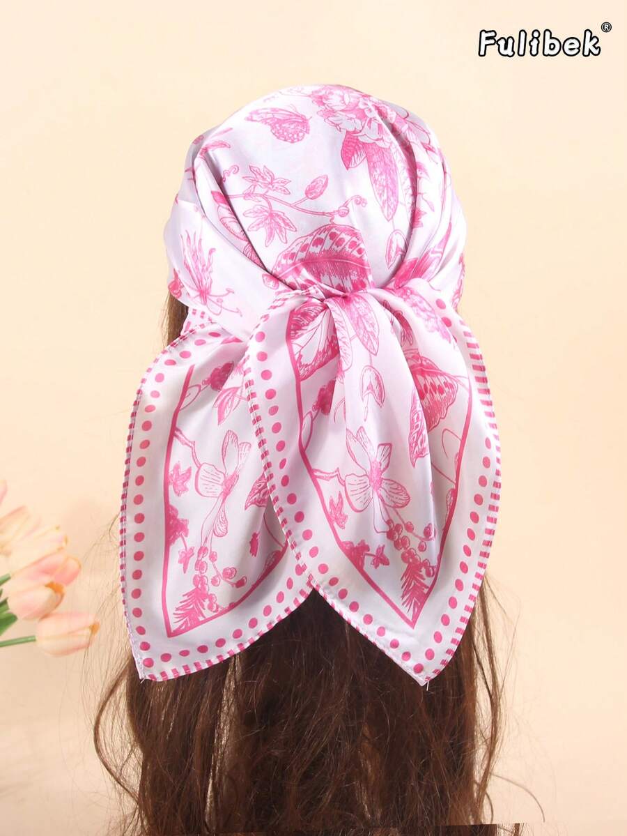1pc Faux Silk Printed Neckerchief, Versatile Headband/Hair Scarf, Suitable For Daily Use - Rose Pink - View 1