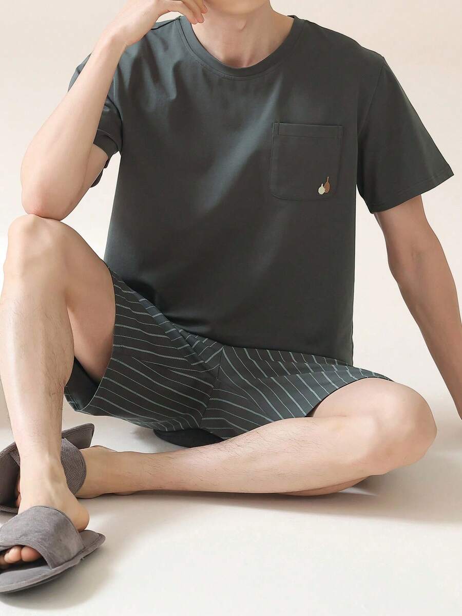 2pcs Men's Summer Short Sleeve & Shorts Pajama Set, Breathable Moisture-Wicking Sleepwear, Round Neck Embroidered Tee & Striped Shorts, Lightweight Loungewear - Grey - View 1