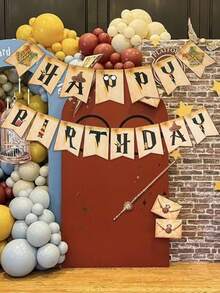 Pancarta de Feliz Cumpleaños con Tema de Harry Potter, Guirnalda de Diseño de Mago Vintage con Elementos, Decoración de Fiesta de Papel Duradero para Pared & Fondo, Perfecta para Celebraciones Temáticas & Cabina de Fotos - Bandera - Ver 5