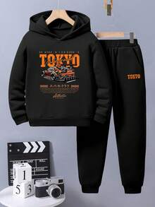 Tween Boy Cartoon Print Warm Hoodie And Pants - Black - View 1