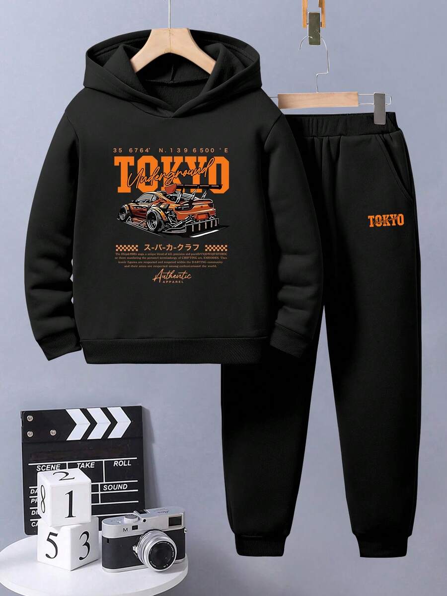 Tween Boy Cartoon Print Warm Hoodie And Pants - Black - View 1