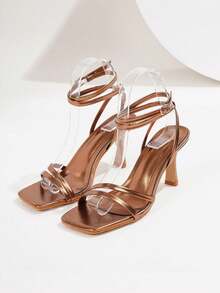 Bronze Metal Strap Square Toe High Heel Sandals For Women, Criss-Cross Buckle Open Toe Mid Heel Shoes, Party Disco Date Night Sexy Heels - Bronze - View 8