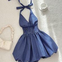 Vestido mini de moda para fiesta de citas con escote halter, lazo y drapeado a cuadros para mujer - Blanco y Negro - Ver 4