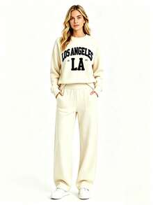 "Los Angeles" Sweatshirt And Pants Set - Casual & Comfortable - Beige - View 1