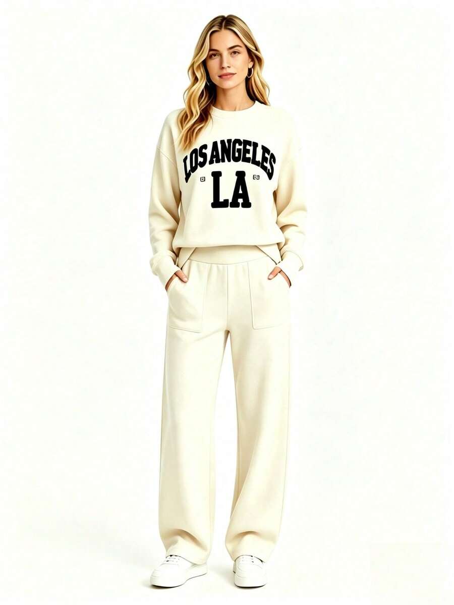 "Los Angeles" Sweatshirt And Pants Set - Casual & Comfortable - Beige - View 1