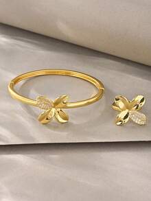 Juego de brazaletes de oro, versátil con textura de oro blanco y cobre incrustado de circonita, adecuado para uso diario, reuniones, citas, fiestas, regalos - Dorado - Ver 4