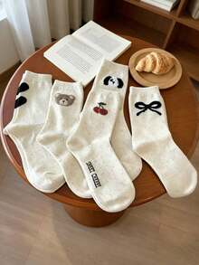 5 Pairs Bow Tie Socks For Women, Solid Color Cute Cartoon Bear Mid-Calf Socks, Autumn/Winter - Multicolor - View 6