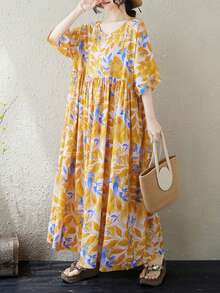 Summer 2026 Striped Dress, Women's Bohemian Casual Beach Vacation Dress. This Loose-Fitting A-Line Dress Features A Round Neck And Batwing Sleeves. - 黃色 - 查看 4