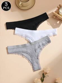 3件裝素色蕾絲拼接蝴蝶結棉質丁字褲，浪漫性感無痕透氣女用內褲 - 彩色 - 查看 6