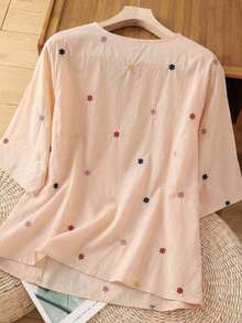 Blusa suelta y ligera con cuello en V cruzado, cintura con lazo y bordado floral de estilo chino, atuendo bohemio de vacaciones para mujer - Albaricoque - Ver 2