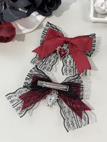 2pcs Gothic Style Lace Ribbon Heart Cross Accessories, Suitable For Holiday Costumes And Daily Wear For Gothic Enthusiasts,Clips For Hair - Burgundy - View 3