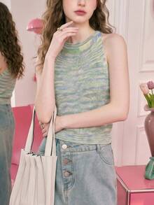 Top de punto con escote de halter en estilo tie-dye retro con efecto dopamina picante - Multicolor - Ver 10