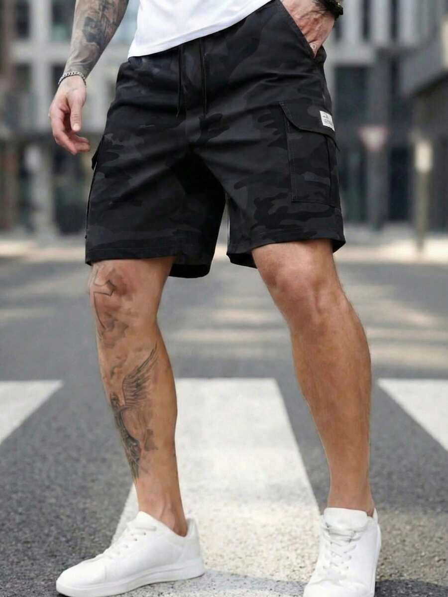 Calções cargo casuais camuflados para homem, calções bermuda de moda de alta gama para desportos ao ar livre - Preto - Ver 1
