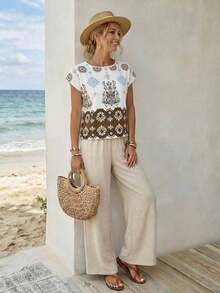 Conjunto de 2 piezas de top y pantalones con estampado vintage casual para vacaciones de mujer, conjunto de atuendo de vacaciones, conjunto de atuendos casuales de mujer, conjunto de atuendos de verano de mujer, conjunto bohemio para mujer, coords para mujer, pantalones y top, atuendo casual de playa para mujer, top conservador - Multicolor 7 - Ver 10