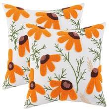 1pc Canvas Leaf & Flower Embroidered Throw Pillow Cover - Orange - View 8