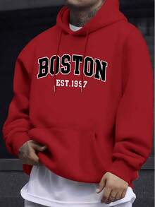 Men's Hoodie With BOSTON Letter Print, Casual Men's Sweatshirt. - 紅色 - 查看 8
