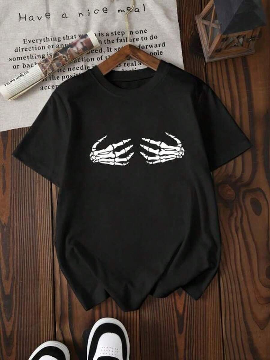 1 Piece Women's Casual Cotton Crew Neck T-Shirt - Y2K Exclusive Design Skeleton Print Shirt That Stands Out And Adds A Unique Touch To Your Everyday Style For Any Occasion In Mexico. Buy Now And Make A Difference With This Modern And Urban Garment. - 黑色 - 查看 1