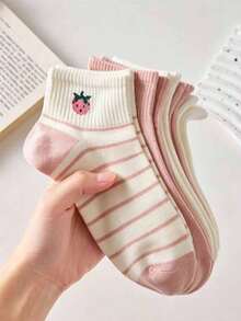 5 Pairs Women's Cute Sweet Breathable Strawberry Cherry Rabbit Pattern Short Invisible Ankle Socks, Casual Fashion White Pink, Suitable For Spring, Summer And All Seasons Wear - Multicolor - View 7