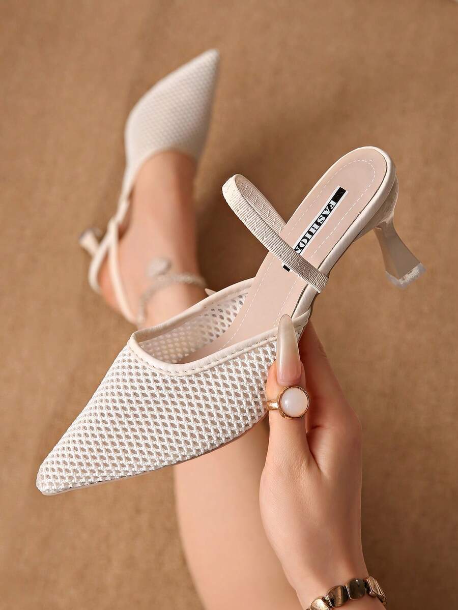 New Chinese Style White High Heel Mules, Pointed Toe Lace Embroidery Convertible Sandals For Women - Beige - View 1