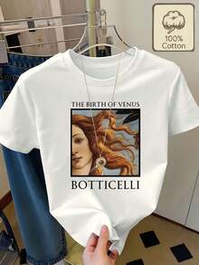 100% Pure Cotton T-Shirt Featuring Botticelli's Masterpiece "The Birth Of Venus", Round Neck, Short Sleeves, Summer Wear, Comfortable And Breathable For Everyday Casual Outfits, Women's Summer Clothing - 白色的 - 查看 6