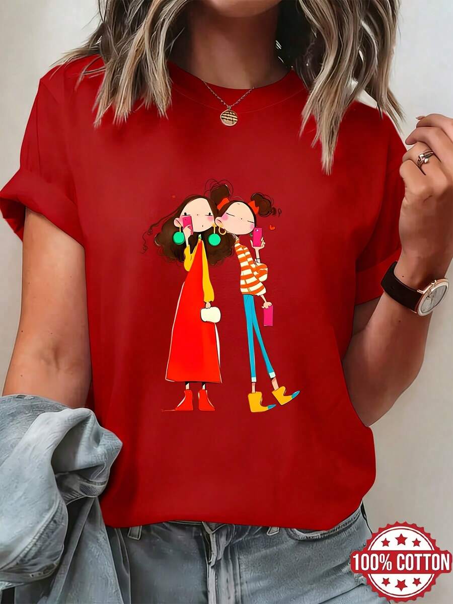 Women's T-Shirt With Selfie Sister Print, Friends Set, Short Sleeve, 100% Cotton, Round Neck, Summer Top, Breathable Spring/Summer/Autumn T-Shirt, Suitable For Casual Wear, Pure Women's Short Sleeve Round Neck T-Shirt - [紅色的] - 查看 1