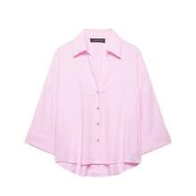 Seelio Women's Fashion Turndown Collar Short Sleeve Blouse, European And American Style, Spring/Summer Pink - Pink - View 2