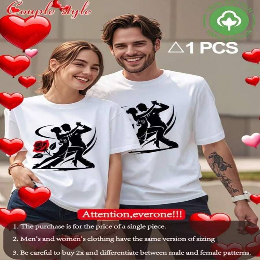 Camiseta informal de manga corta y cuello redondo de mezcla de algodón con estampado de baile, estilo para parejas. - Blanco - Ver 1