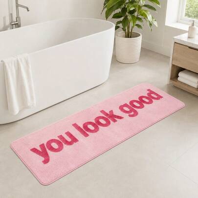 1PC Cashmere-Like Printed Non-Slip Bath Mat - Pink Letter Pattern | Bathroom Rug Area Rug For Bedroom Or Living Room Decor Living Room Rug, Kitchen Mat, Modern Home Decor, Hallway Runner, Foyer Mat, Floor Mat, Indoor Entryway Rug, Front Door Mat, Kitchen Decor Rug, Living Room Rug, Bath Mat - A Bathroom Essential
