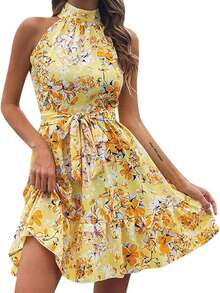 Elegant Floral Dress Spring Summer 2026, Ruffled Drawstring Wide Skirt For Women - Yellow - View 1