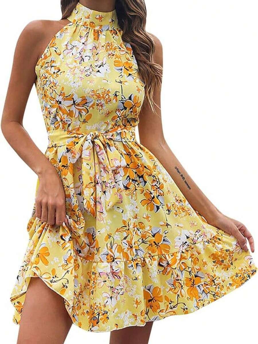 Elegant Floral Dress Spring Summer 2026, Ruffled Drawstring Wide Skirt For Women - Yellow - View 1